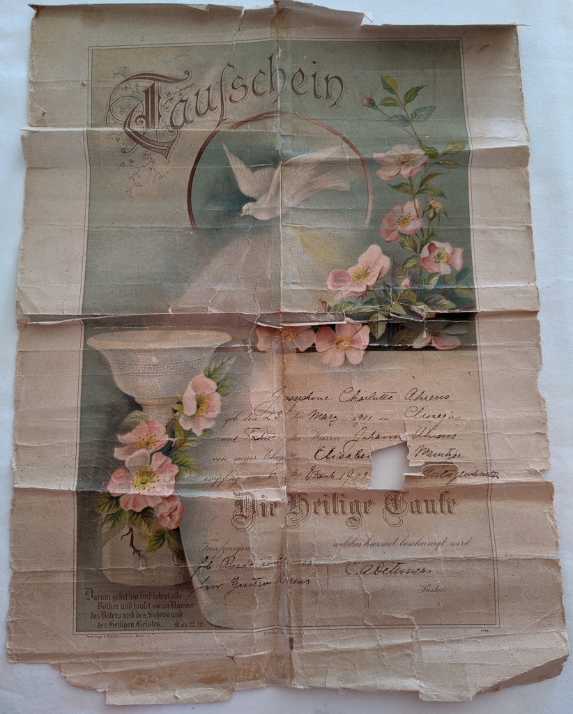 Original certificate, printed in Germany, but sold through the  Jennings & Pye company, in Cincinnati.